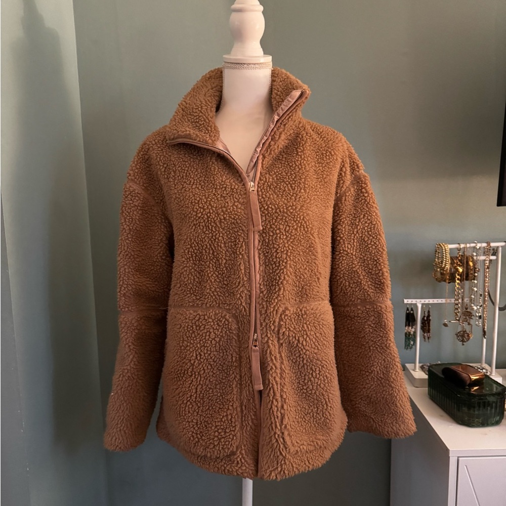 Cozy EUC Tan Sherpa Jacket SMALL Caramel double zip oversized